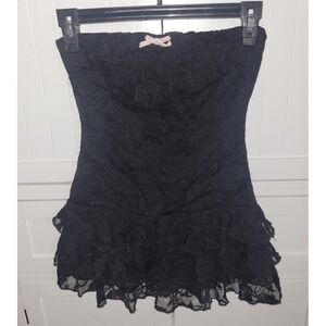 Windsor Black Floral Lace Strapless dress Romper with Pink Bow and Ruffle Hem XS
